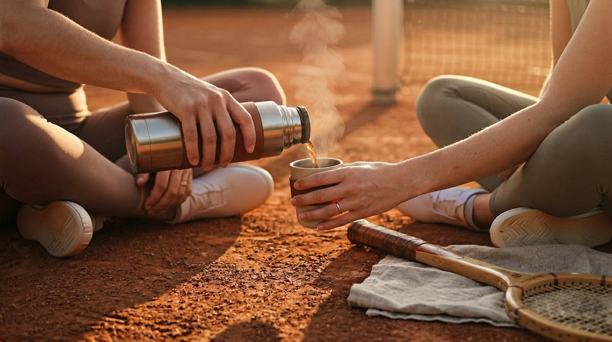 Two people sitting on a clay tennis court pouring coffee from a thermos into a cup